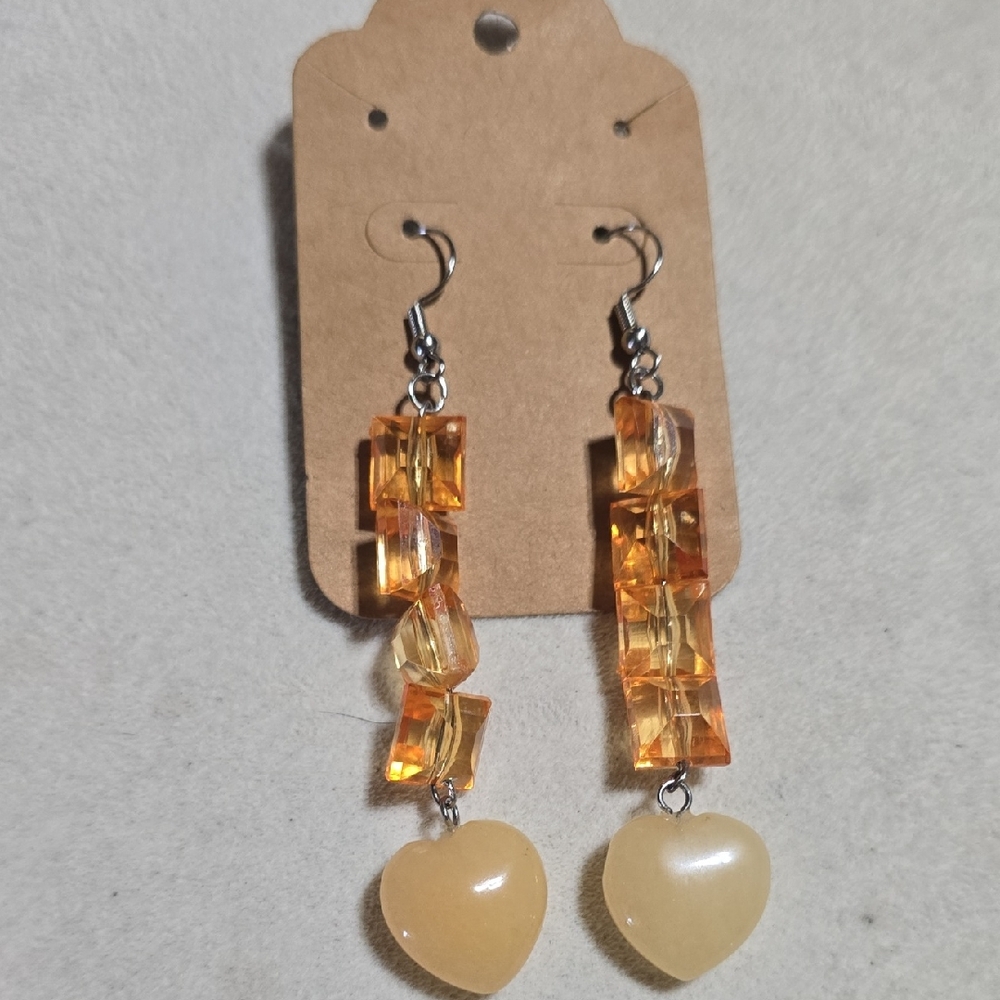 Orange and Cream Heart Drop Earrings with Translucent Beads